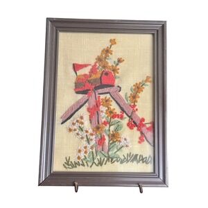 Vintage Crewel Embroidery Framed Art Mailbox Wildflowers Cottagecore Wall Decor